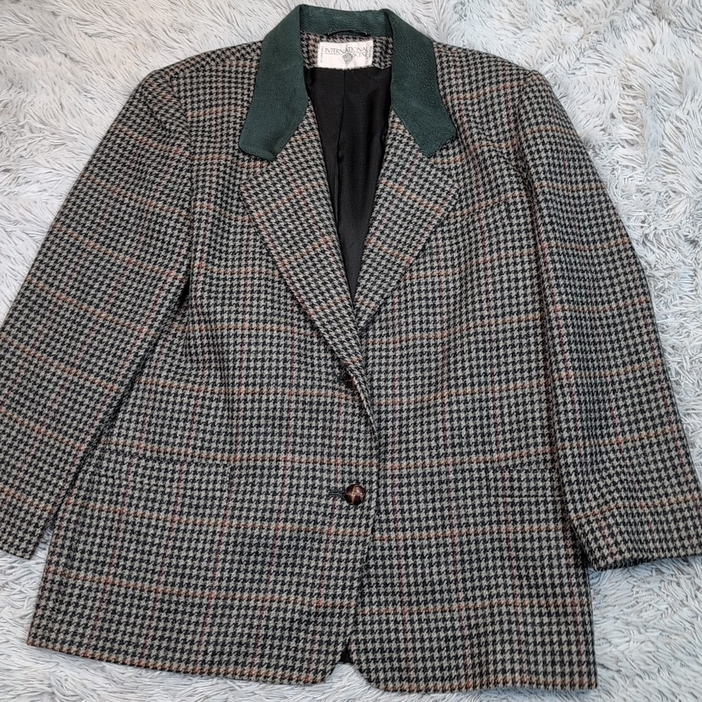 Vintage International Scene Jacket‎ Womens 14 Green Blazer Leather Collar Preppy